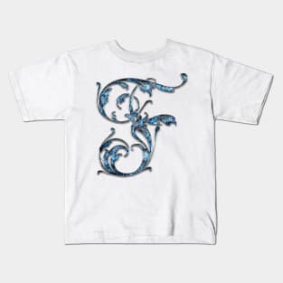 Ornate Blue Silver Letter F Kids T-Shirt